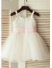 Thin Straps Ivory Sequin Tulle Wedding Flower Girl Dress With Pink Flower Sash